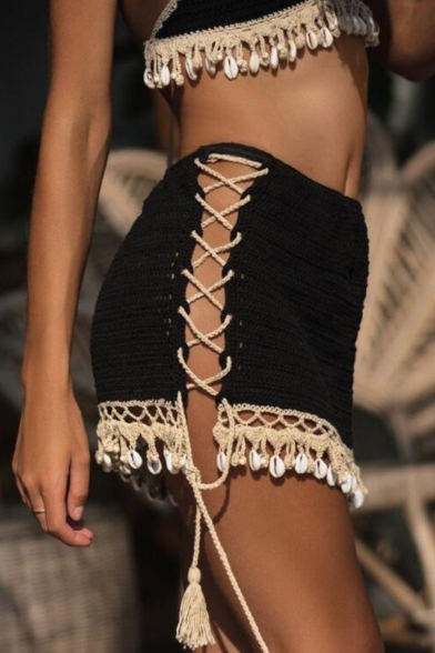 Hot Sexy Fashion Mesh Lace Up Cutout Side Fringe Trim Beach Shell Hem Mini Skirt