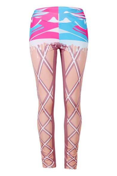 Hot Stylish Elastic Waist Colorblock Striped Printed Skinny Fit Sport Legging Pants