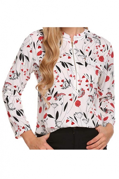 Hot Stylish Floral Print Stand Collar Zip-Front Faux Pockets Long 