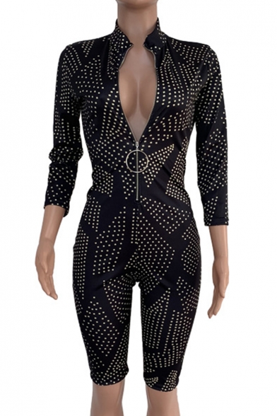 Hot Stylish Womens Black Polka Dot Zip-Front Long Sleeve Skinny Fit Rompers