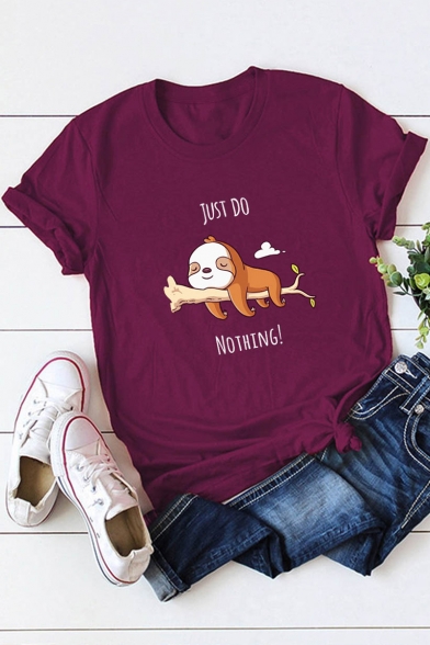 JUST DO NOTHING Cartoon Dog Pattern Short Sleeve Casual Tee