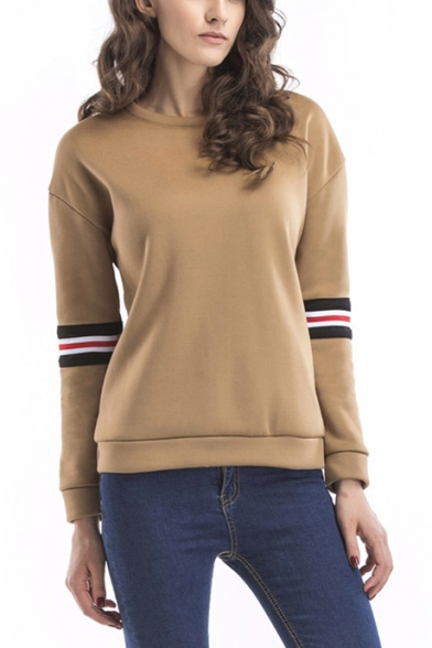 Khaki Round Neck Striped Long Sleeve Casual Loose Pullover Sweatshirt