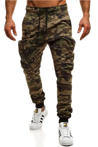Men's Cool Fashion Camouflage Printed Zipped Pocket Drawstring Waist Slim Fit Casual Joggers Sweatpants