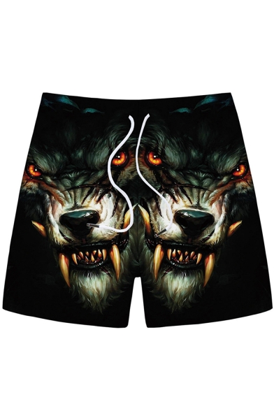 Men's Cool Fashion Creative 3D Wolf Printed Drawstring Waist Black Sports Shorts