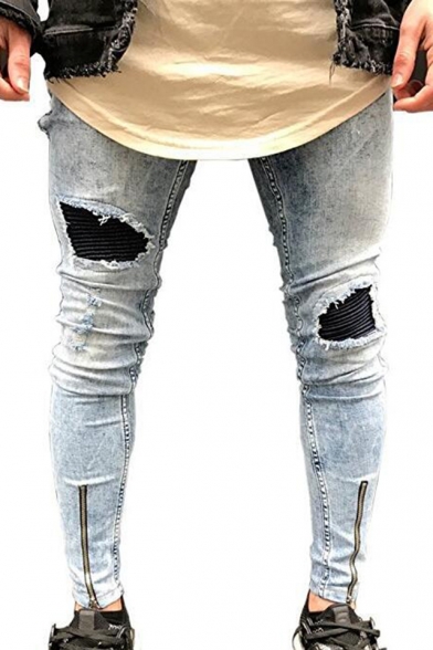 Men's Cool Fashion Zip Cuffs Pleated Knee Patched Light Blue Skinny Distressed Jeans