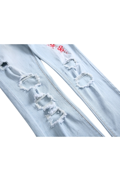 Men's Hot Fashion Floral Embroidery Light Blue Slim Fit Ripped Jeans with Holes