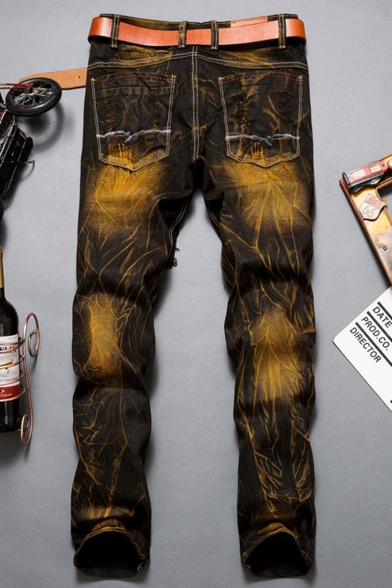 Men's Hot Popular Vintage Washed Stretch Fit Zip-fly Brown Jeans