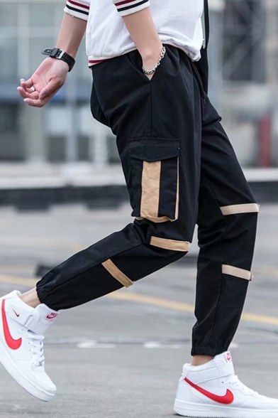 Men's New Fashion Colorblock Tape Patched Flap Pocket Side Drawstring Waist Black Hip Pop Cargo Pants