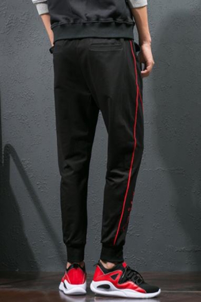 Men's New Fashion Contrast Line Letter Pattern Drawstring Waist Black Casual Tapered Pants