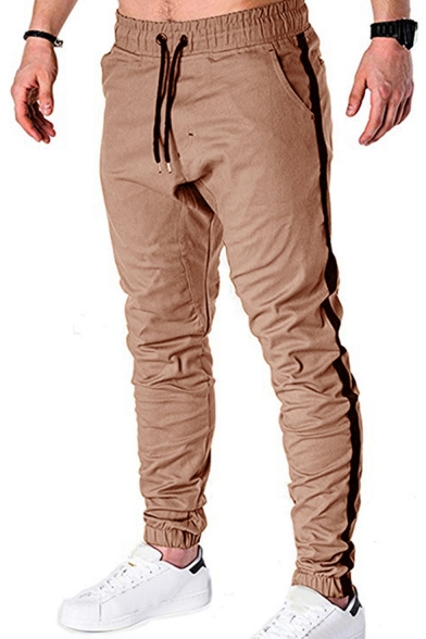 Men's New Fashion Contrast Stripe Side Drawstring Waist Elastic Cuffs Casual Cotton Cargo Pencil Pants