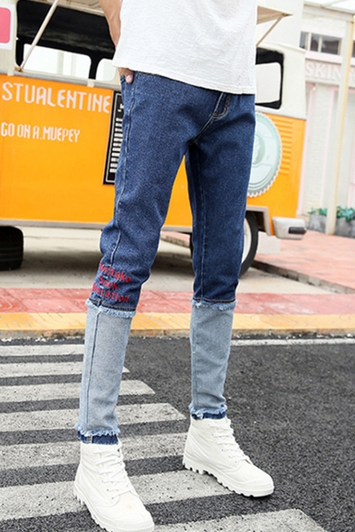 Men's New Fashion Letter Printed Patched Raw Hem Slim Fit Casual Jeans