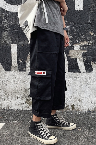 Men's New Fashion Solid Color Flap Pocket Rolled Cuffs Cropped Straight Loose Cargo Pants