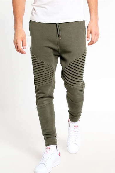 Men's New Fashion Solid Color Knee Pleated Drawstring Waist Casual Cotton Jogging Sweatpants