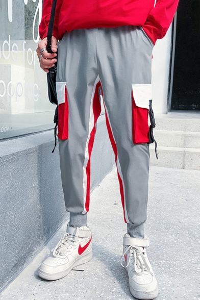 Men's New Stylish Colorblock Stripe Side Buckle Strap Flap Pocket Trendy Casual Cargo Pants