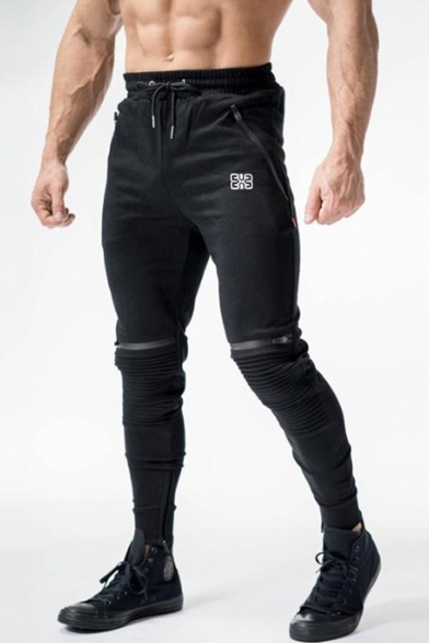 Men's New Stylish Logo Printed Knee Pleated Zipper Embellished Drawstring Waist Sweatpants Casual Pencil Pants