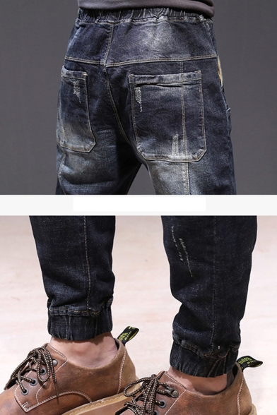Men's New Stylish Solid Color Multi-pocket Design Elastic Cuffs Drawstring Waist Black Tapered Jeans