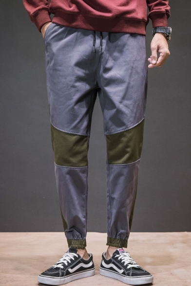 Men's Popular Fashion Colorblock Stitching Drawstring Waist Elastic Cuffs Casual Tapered Pants