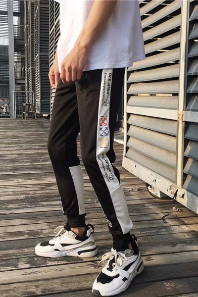 Men's Street Style Colorblock Graphic Printed Loose Fit Black Track Pants
