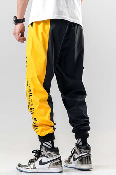 Men's Street Style Trendy Colorblock Letter Printed Drawstring Waist Casual Loose Track Pants with Side Pocket