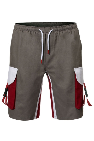 Men's Summer New Stylish Colorblock Buckle Flap Pocket Drawstring Waist Leisure Cotton Cargo Shorts
