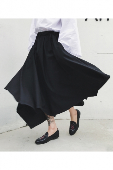 Men's Trendy Dark System Simple Plain Black Loose Fit Irregular Culottes Wide Leg Pants