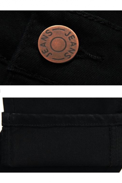Men's Trendy Solid Color Chain Rivet Embellished Black Ripped Pencil Pants