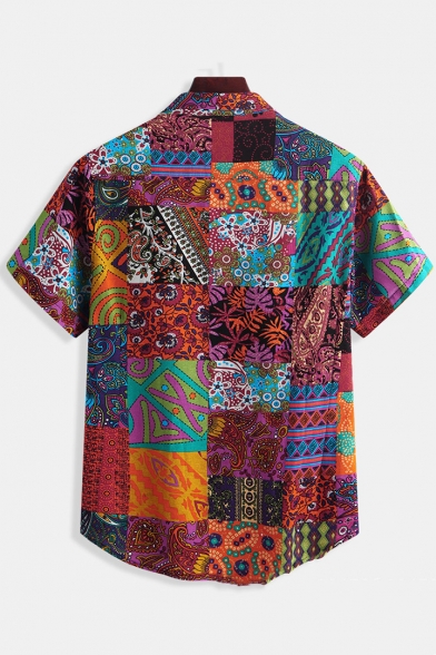 Mens Ethnic Style Tribal Printed Short Sleeve Button Up Linen Shirt