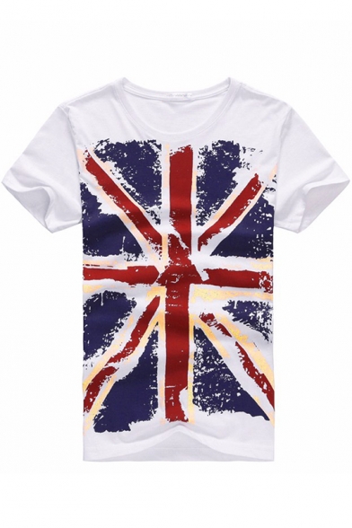Mens Fancy Simple Flag Printed Round Neck Short Sleeve White T-Shirt