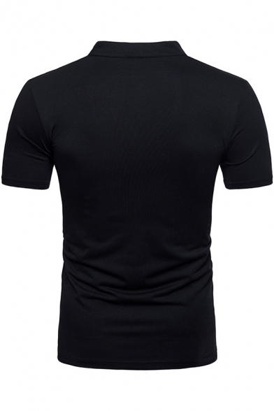 Mens Fashion Button Embellished V-Neck Stand Collar Short Sleeve Plain Fitted Henley Shirt Polo Shirt