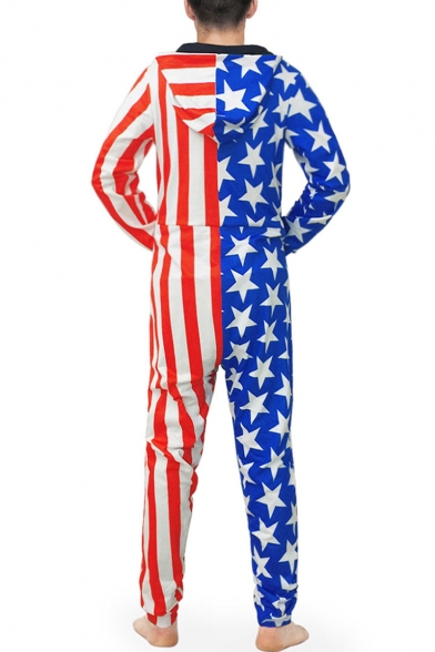 Mens New Stylish Stripes Stars Flag Printed Long Sleeve Hooded Zip Up One Piece Blue and Red Sleepwear Lounge Jumpsuits