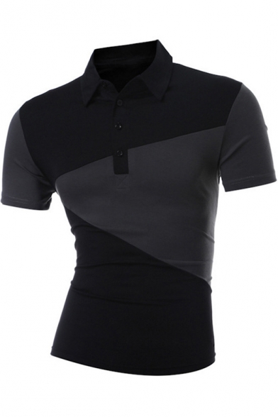 Mens Stylish Color Block Turn-Down Collar Short Sleeve Fitted Polo Shirt