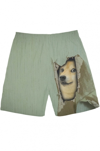 Mens Summer Cute Funny 3D Dog Printed Drawstring Waist Beach Shorts