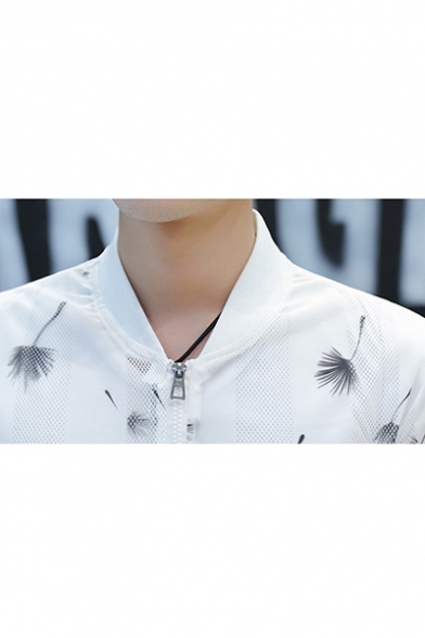 Mens Summer Fashion Print Stand Collar Long Sleeve Zip Up Lightweight Jacket