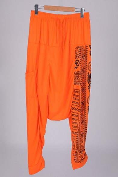 National Style Unique Printed Baggy Low Crotch Harem Pants with Side Pockets