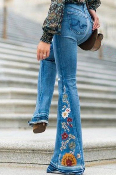 New Arrival Floral Embellished Wide Leg Fitted Boot Cut Denim Pants