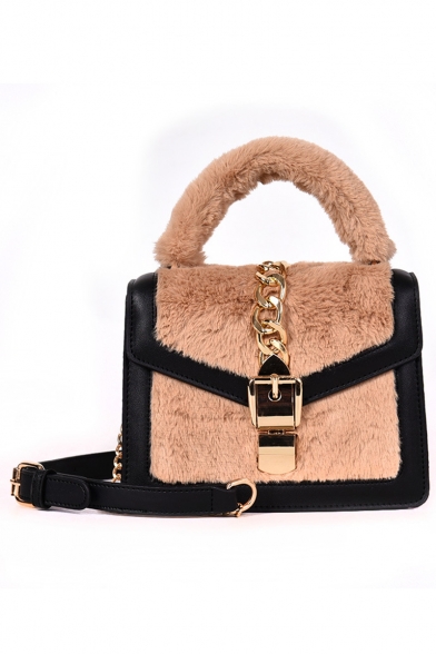 New Fashion Colorblock Chain Embellishment Plush Crossbody Satchel Handbag 20*16*8 CM