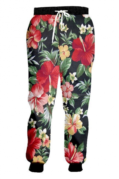 New Fashion Colored Floral Printed Drawstring Waist Red Casual Joggers Sweatpants