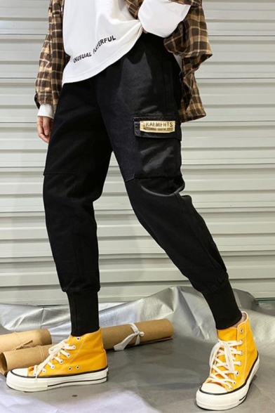 New Stylish Letter Patchwork Flap Pocket Side Elastic Cuffs Men's Casual Hip Pop Cotton Cargo Pants