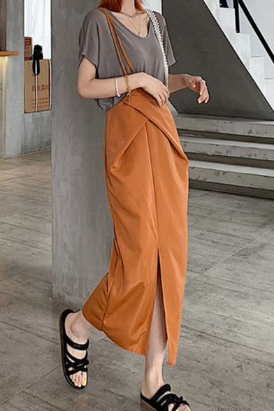 New Stylish Womens Plain High Waist Split Front Straps Maxi Skirt