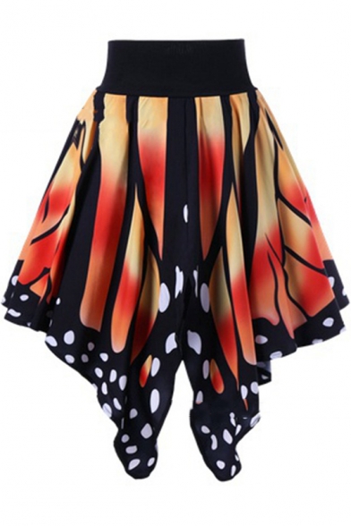 New Trendy Girls Butterfly Printed Mini High Waist Hem Asymmetric Skirt