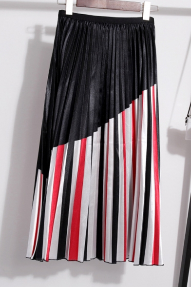 New Trendy Summer High Waist Striped Print Colorblock Mini Pleated A-Line Holiday Skirt