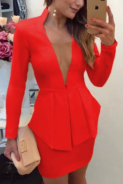 Office Lady Sexy Plunging V-Neck Long Sleeve Peplum Mini Bodycon Blazer Suit Dress