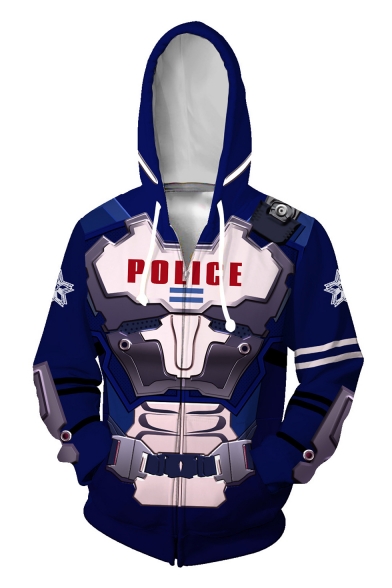 POLICE Comic Cosplay Costume Long Sleeve Zip Up Blue Drawstring Hoodie