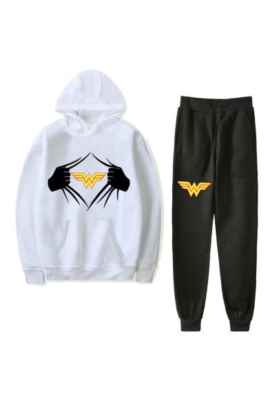 Popular Comic Logo Printed Casual Hoodie with Loose Sweatpants Two-Piece Set