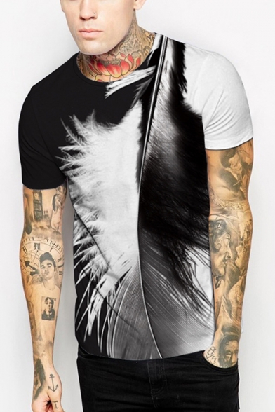 Popular Simple Black and White Feather Printed Round Neck Short Sleeve T-Shirt