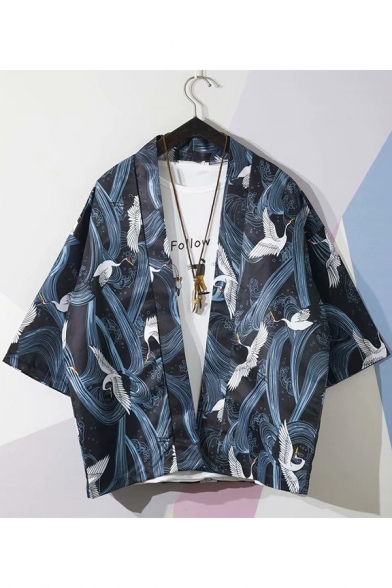 Retro Crane Printed Navy Open Front UV Protection Casual Kimono Blouse Shirt