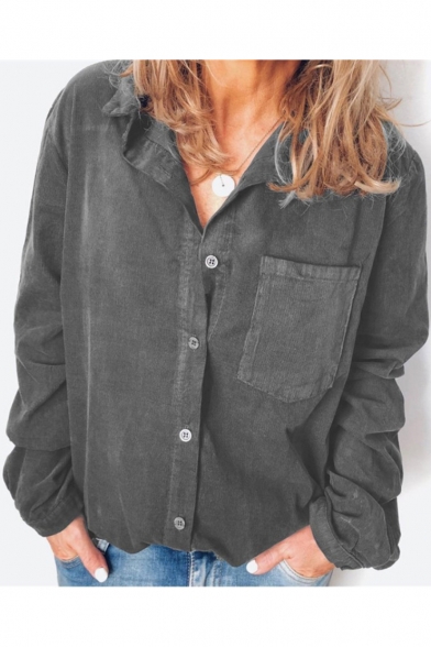 Simple Plain One Pocket Long Sleeve Button Down Casual Loose Button Down Linen Shirt