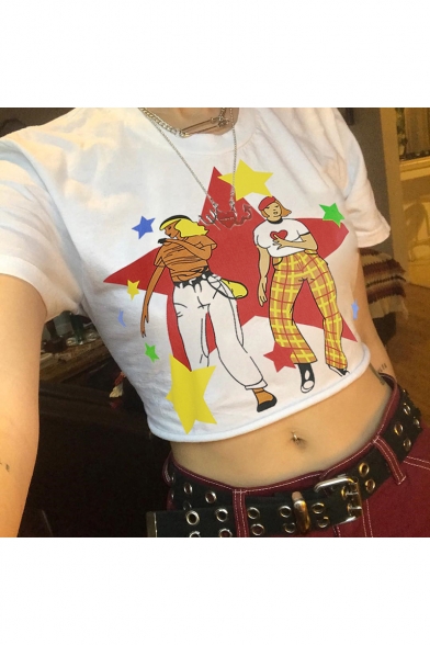 Street Fashion Funny Star Cartoon Disco Girl Print Short Sleeve Round Neck White Crop Tee