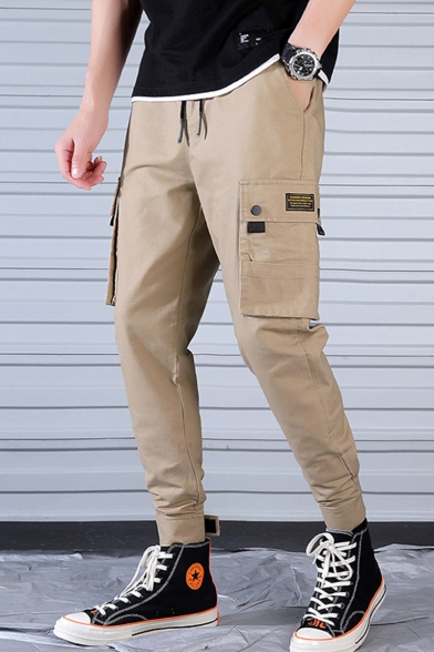 Street Style Flap Pocket Drawstring Waist Solid Color Slim Cut Men's Fashion Cotton Cargo Pants