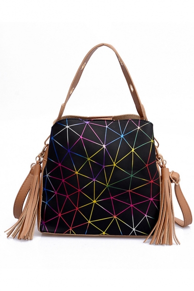 Stylish Geometric Luminous Pattern Tassel Embellishment Bucket Handbag 22*19*10 CM